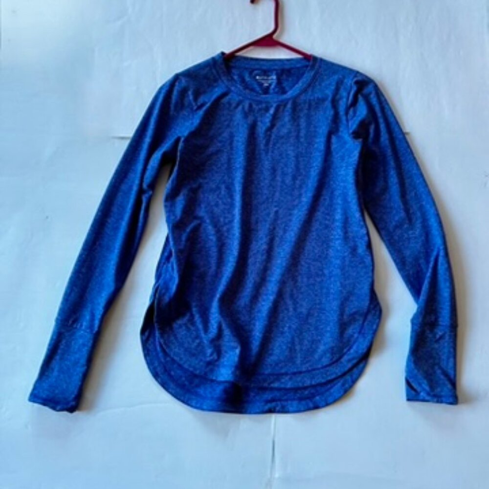Athleta Women's Up Tempo Top Long Sleeve BlueHeathered Crew Neck Thumb Holes XXS